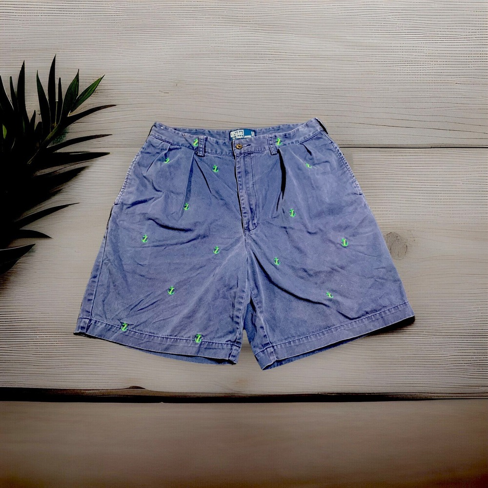 Polo Ralph Lauren Tyler Shorts Mens 35 Navy Blue All‎ Over Print Anchors Pleated